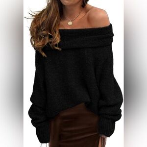 Pretty Garden Elegant Black Off-Shoulder Sweater